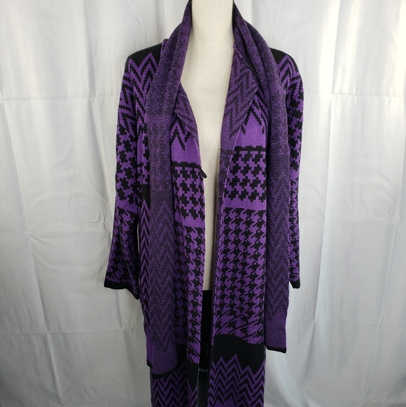 Anthony's Original Purple & Black  Midi One Button Built In Scarf Sweater Sz M - Picture 7 of 12